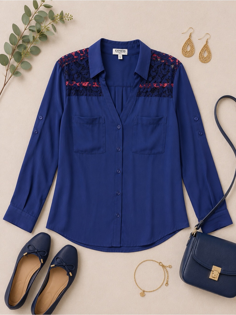 Express Cobalt Blue Lace Detail Button-Down Blouse Size Medium NWOT